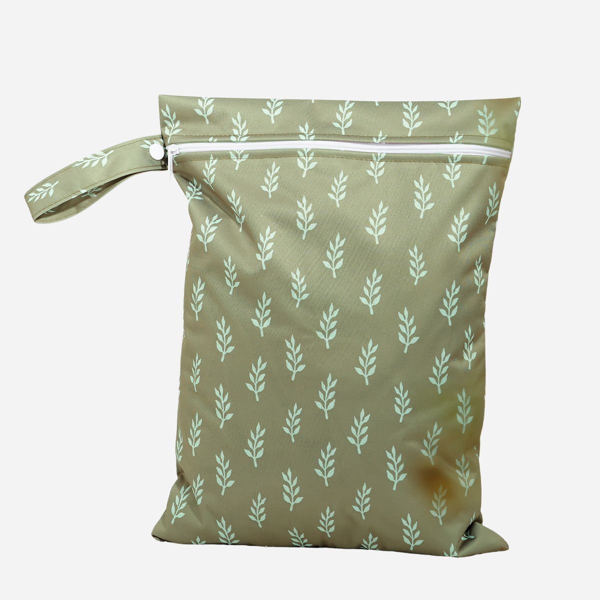 Herbruikbare Waterdichte Wetbag – Olijfgroen met Bladprint 36 x 26 cm